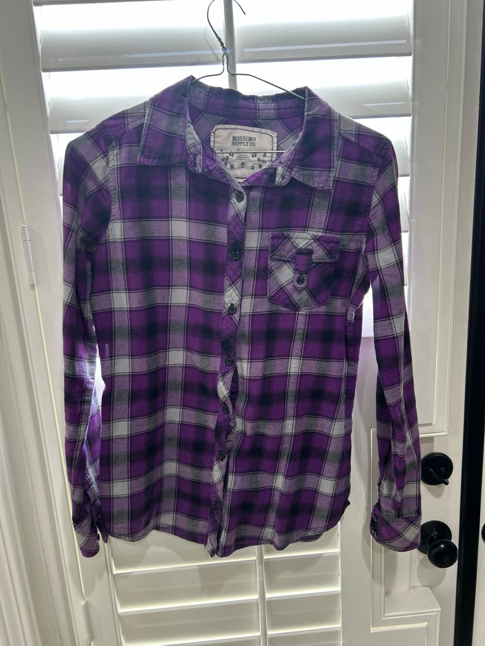 Mossimo Supply Co., purple black plaid button-down womens shirt XL